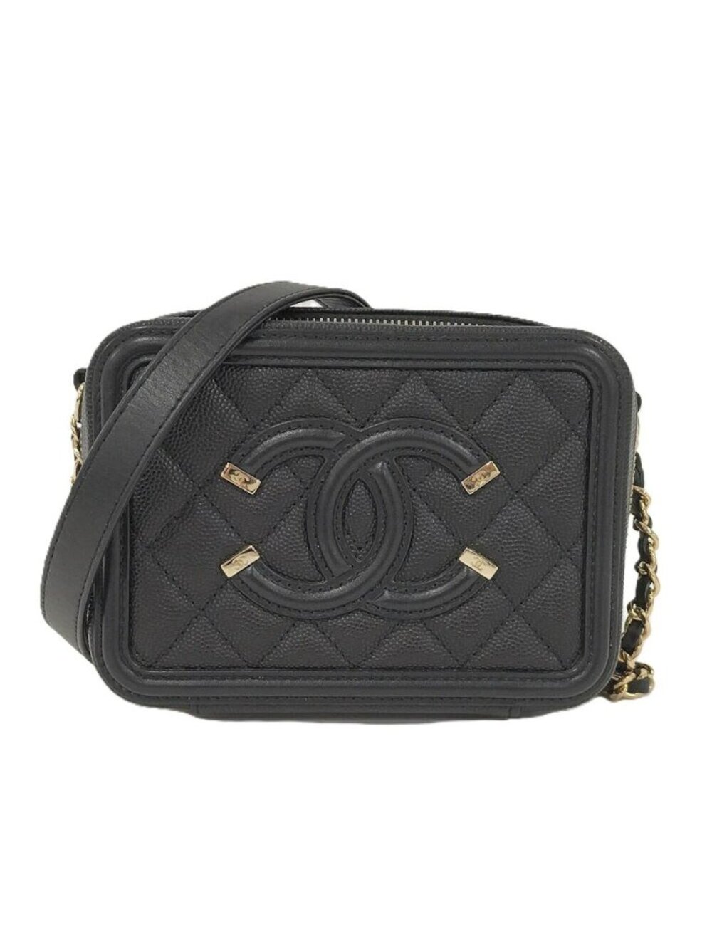 Chanel Shoulder Bag Quilted CC Filigree Leather Black